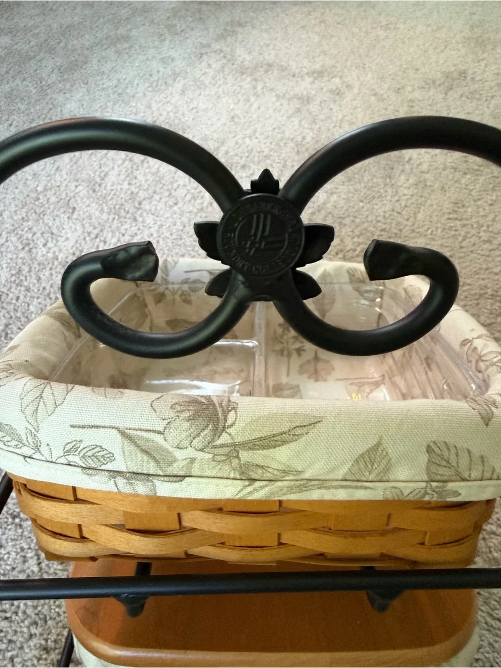 LONGABERGER 2003 WROUGHT IRON 2 TIER STAND W/ FABRIC PLASTIC BASKET LINERS 1 LID